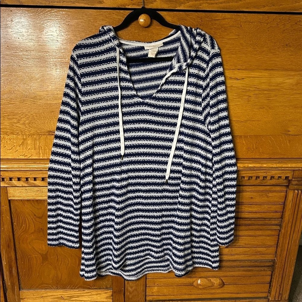 Nautical Beachy Navy White Striped Baggy Y2K Hooded Beach Cover Up Knit Tunic